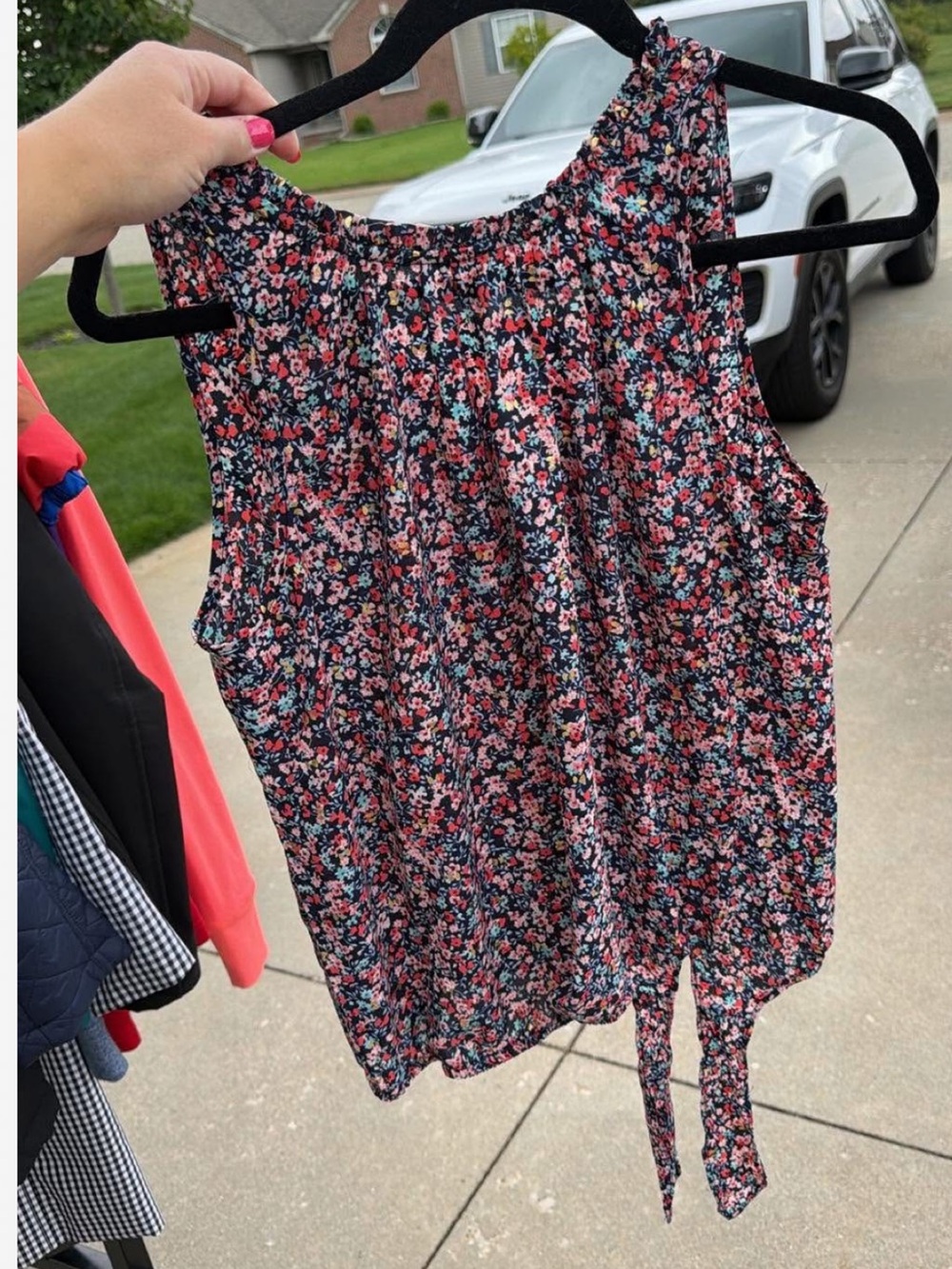 Floral Tie-Hem Sleeveless Top - Navy with Pink Floral